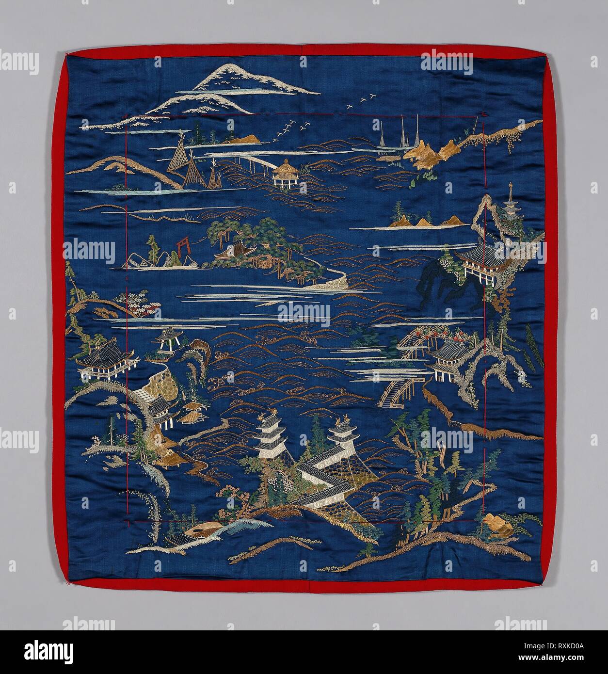 Fukusa (Gift Cover). Japan. Date: 1801-1825. Dimensions: 71.5 x 65.8 cm (28 1/8 x 25 7/8 in.). Patterned side: silk, warp-float faced 4:1 satin weave (shusu); embroidered with silk and gold-leaf-over-lacquered-paper-strip wrapped silk in Chinese knot, satin, single satin, surface satin, stem and straight stitches; paper-strip wrapped cotton padded satin stitches; laidwork and couching; painted India ink (sumi) details  Lined (re-lined) with silk, plain weave with creped wefts (chirimen); interlined with cotton; plain weave; padded with waste silk  Sewn with padded lining extending beyond front Stock Photo