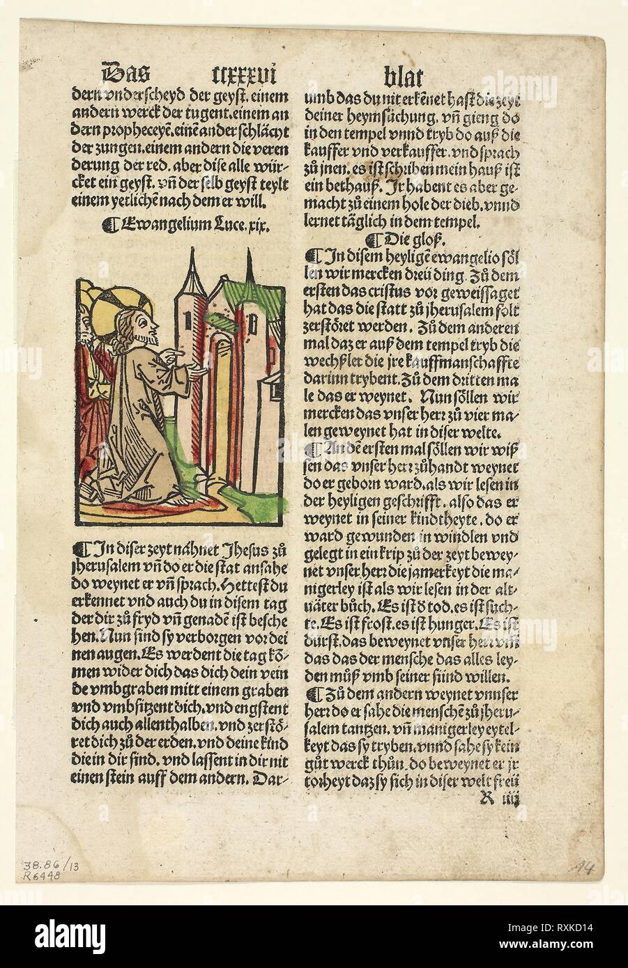 Jesus Foretelling the Destruction of Jerusalem from Spiegel menschlicher Behältnis (The Mirror of Human Salvation), Plate 13 from Woodcuts from Books of the 15th Century. Unknown Artist (Augsburg, 15th century); printed and published by Johann Schönsperger the Elder (German, c. 1455-1521); portfolio text by Wilhelm Ludwig Schreiber (German, 1855-1932). Date: 1500. Dimensions: 83 x 63 mm (image); 257 x 176 mm (sheet). Woodcut in black with hand-colored additions, and letterpress in black (recto and verso), on buff laid paper, tipped onto cream wove paper mat. Origin: Germany. Museum: The Chicag Stock Photo