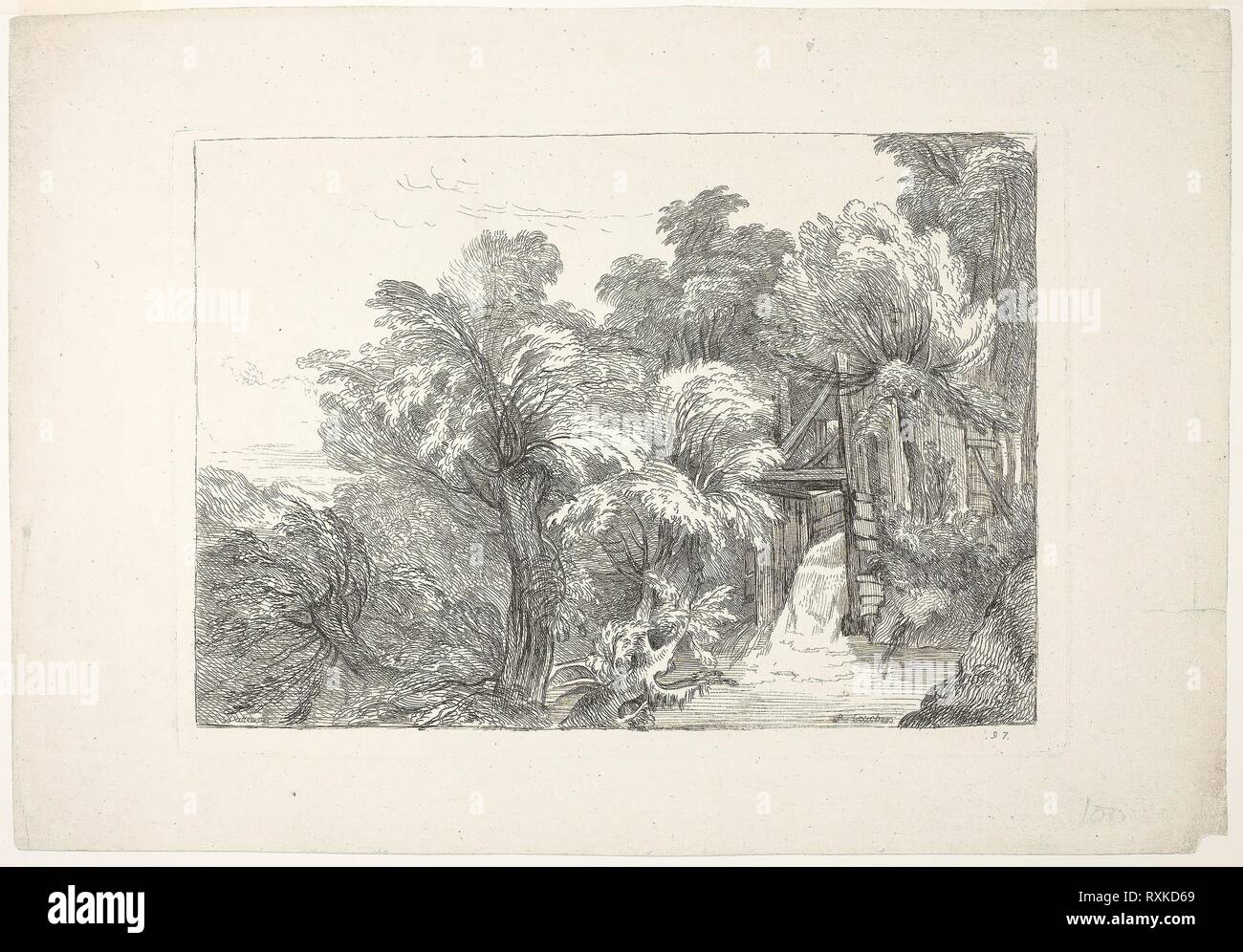 A Mill Lock in the Middle of Willows, plate 97 from Figures de différents caractères, de Paysages, et d'Etudes dessinées d'après nature (Figures of Different Characters, Landscapes, and Studies Drawn from Nature). François Boucher (French, 1703-1770); after Jean Antoine Watteau (French, 1684-1721). Date: 1726. Dimensions: 215 × 308 mm (image); 230 × 328 mm (plate). Etching on ivory laid paper. Origin: France. Museum: The Chicago Art Institute. Author: Francois Boucher. Stock Photo