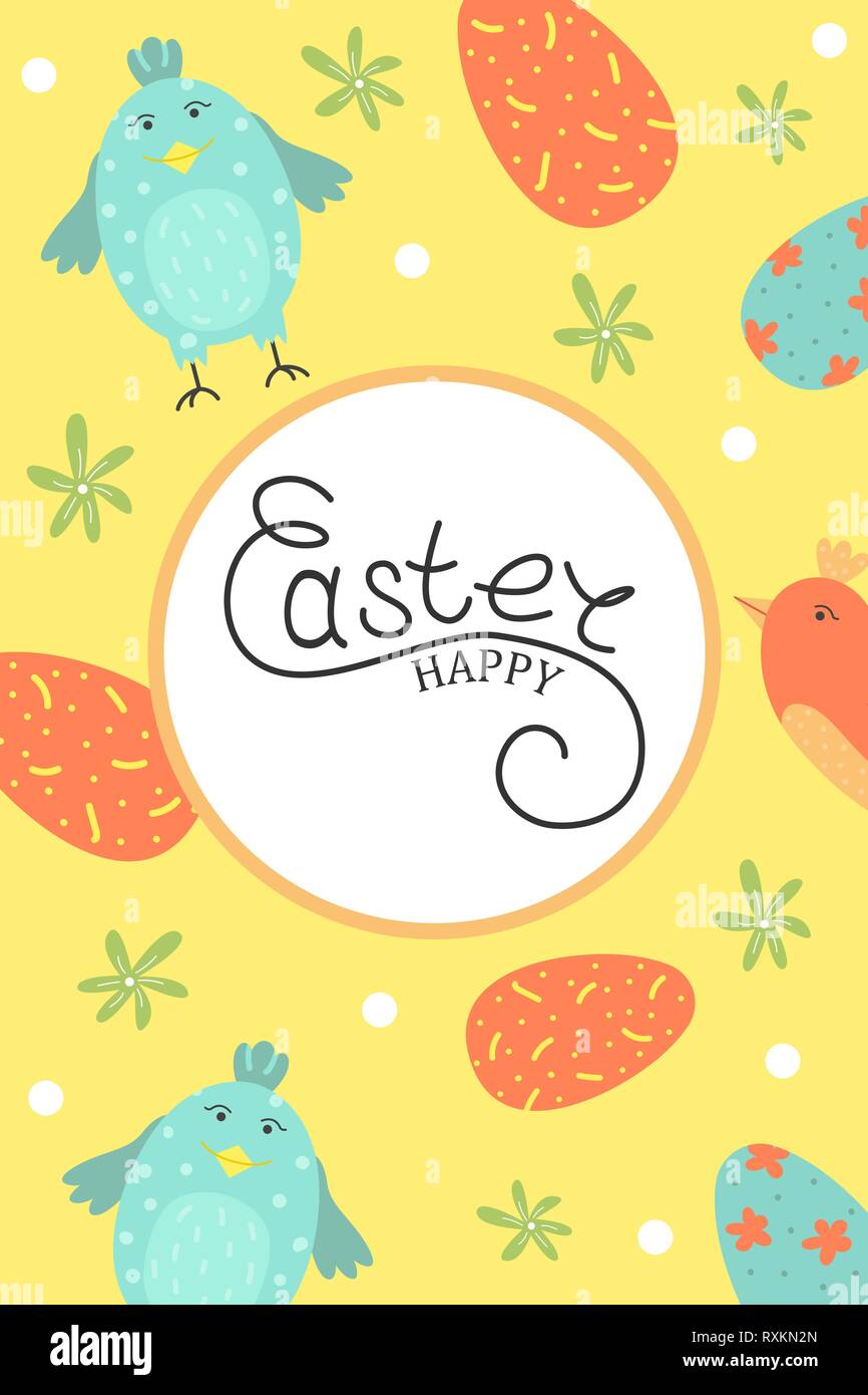 Cute vector Easter card. Easter eggs, spring holiday. Greeting card with birds. Stock Vector