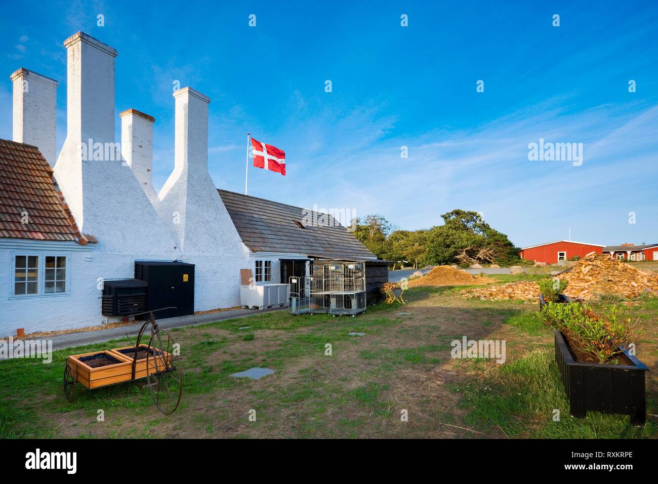 Old traditional smokehouse characteristic chimneys in Hasle, Bornholm, Denmark. This is the place, where you can taste the most popular dish on the is Stock Photo