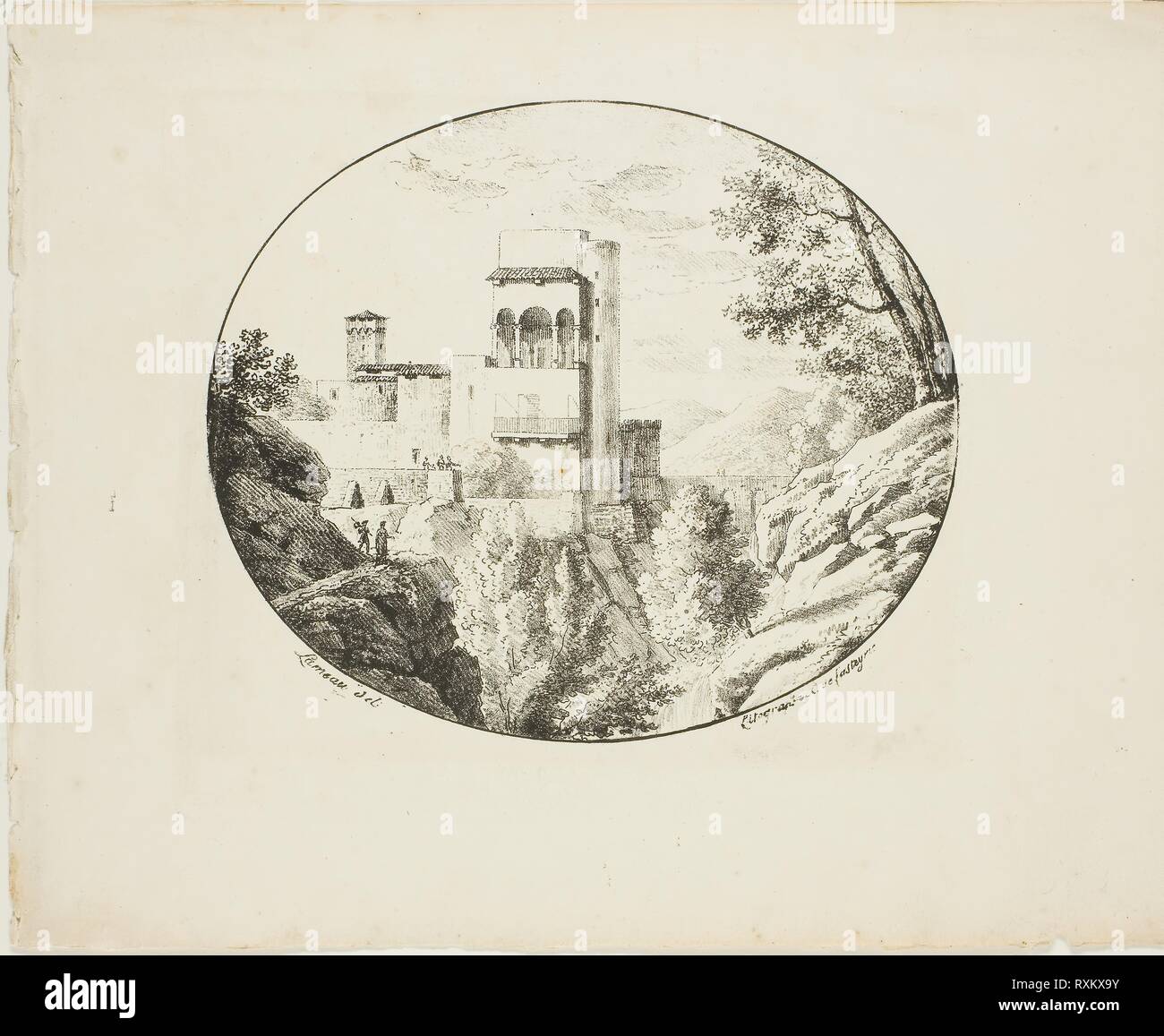 Landscape in an Oval. Lameau (French, active 1803-1822); printed by Comte de Charles Philibert Lasteyrie du Saillant (French, 1759-1849). Date: 1817-1821. Dimensions: 145 × 170 mm (image); 215 × 263 mm (sheet). Lithograph in black on ivory wove paper. Origin: France. Museum: The Chicago Art Institute. Stock Photo