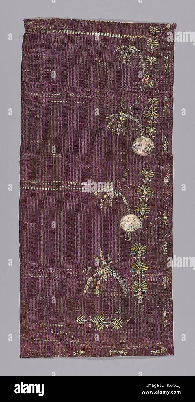 Skirt Panel?, Fragment from Vest?. France. Date: 1795-1799. Dimensions: 114.6 × 52.1 cm (45 1/8 × 20 1/2 in.). Silk, plain weave with supplementary patterning warps and self patterning ground weft floats; embroidered with silk threads in satin stitch, outline stitch and French knots; attached silver wire coils, wrapped around a silk fiber core, sequins, stones and appliquéd circles of silk, satin weave, painted. Origin: France. Museum: The Chicago Art Institute. Stock Photo