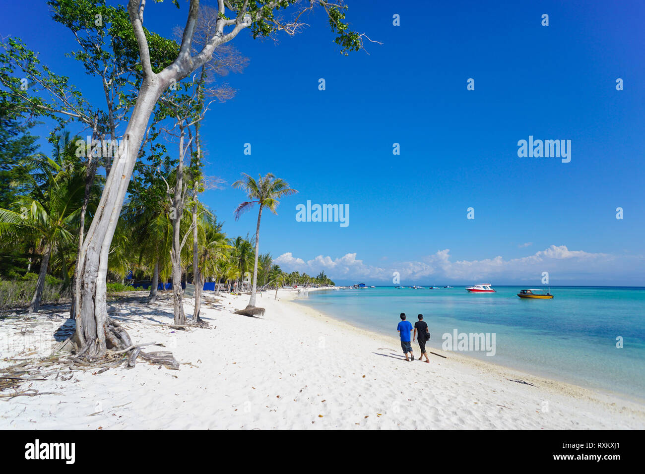 Scenic white sandy beach at tropical island during blue sky beautiful ...