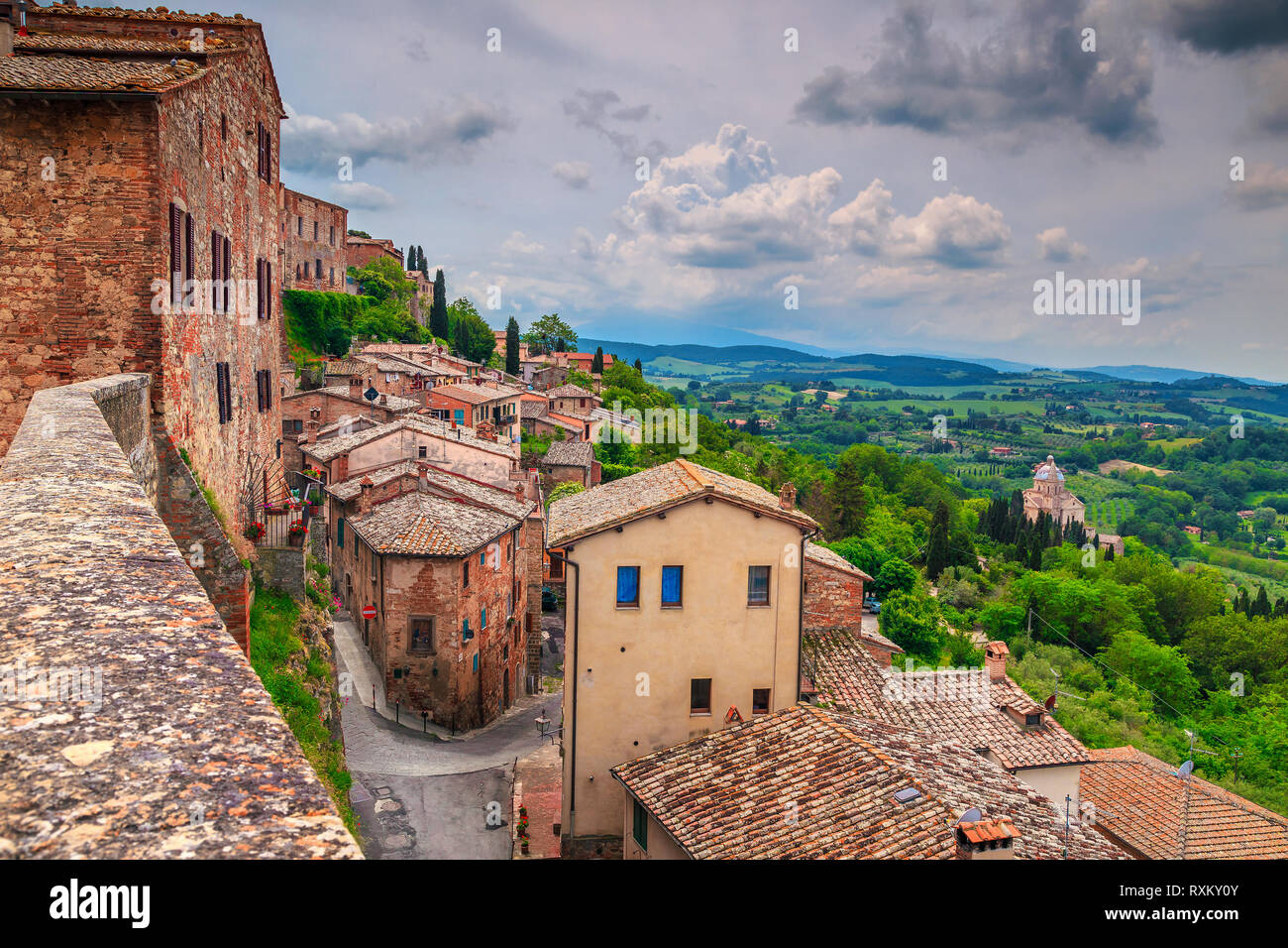 Famous travel and touristic location. Breathtaking Tuscany landscape seen from the walls of Montepulciano, Italy, Europe Stock Photo