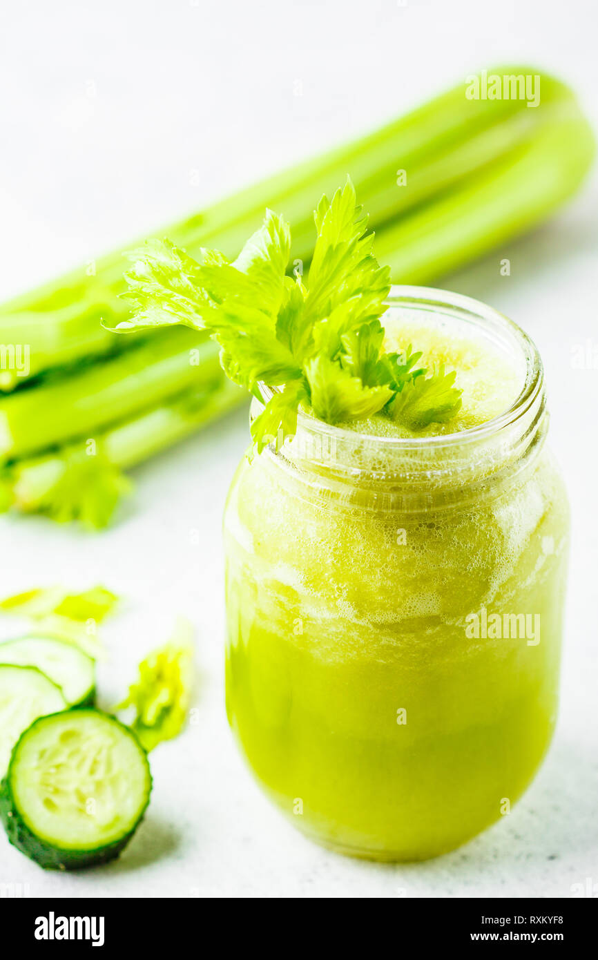Green celery cucumber juice in a jar Stock Photo Alamy