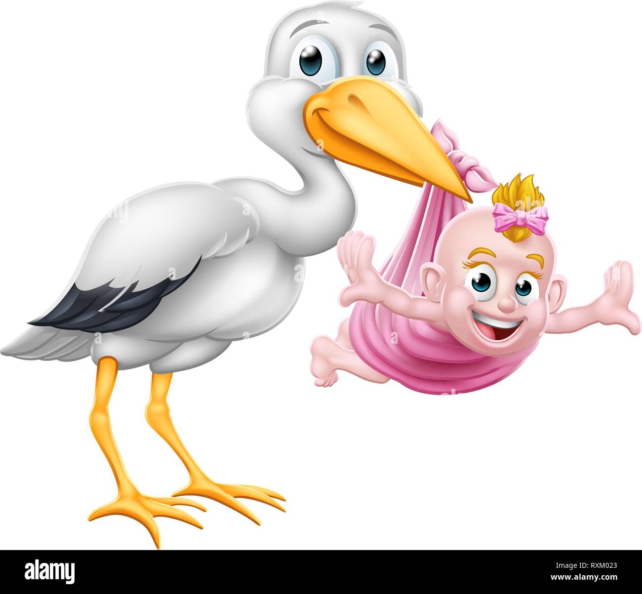 Stork Cartoon Pregnancy Myth Bird With Baby Girl Stock Vector
