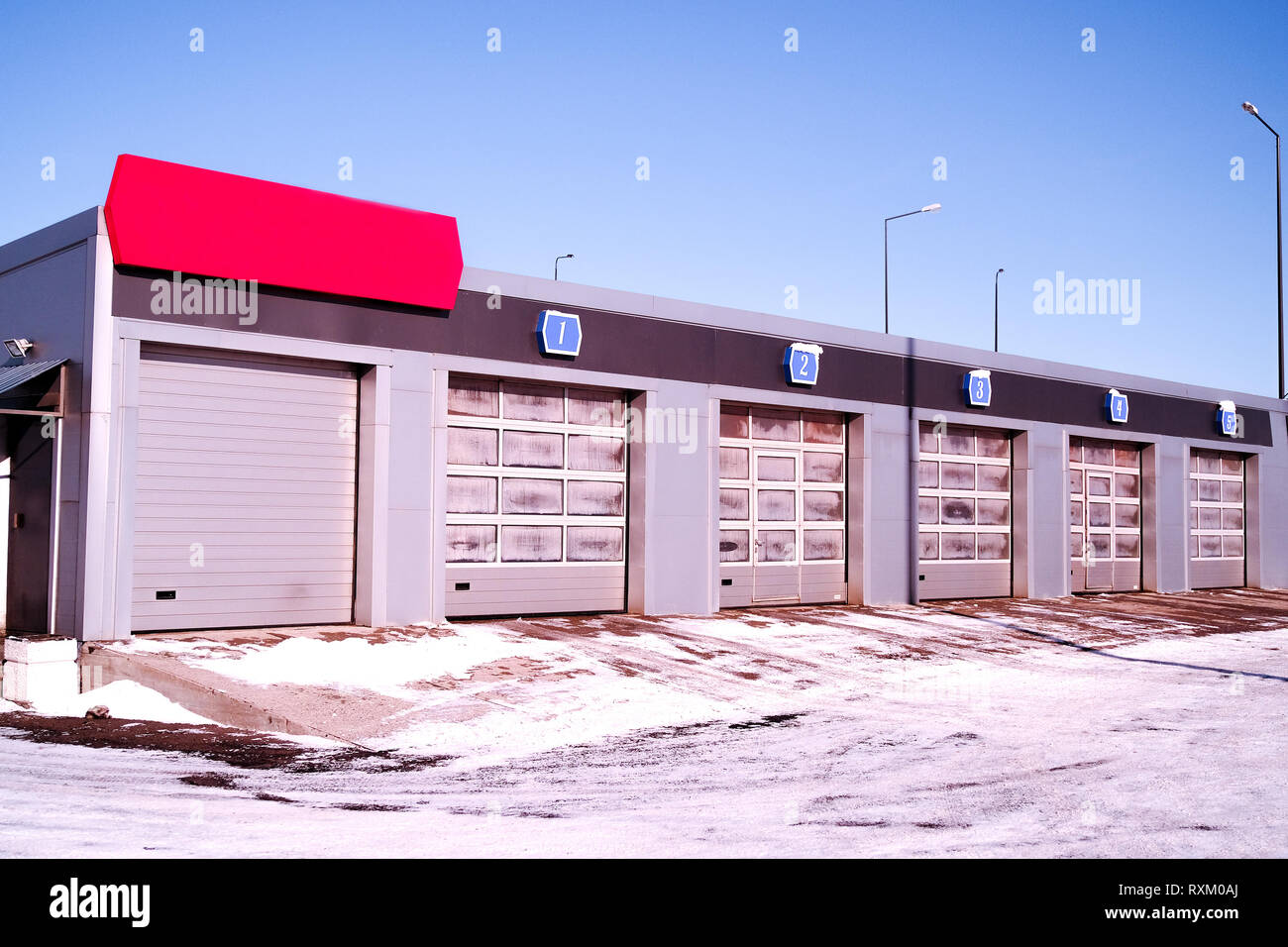 Car wash, street view. car wash, clean, brush. multiple gates in a row