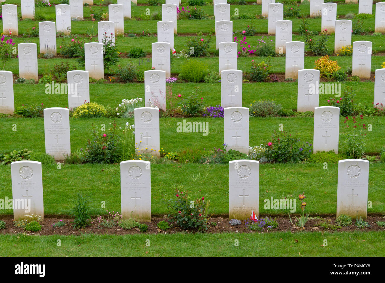 Headstones in the Beny-Sur-Mer Canadian Commonwealth Cemetery, near Courseulles-sur-Mer, Normandy, France. Stock Photo