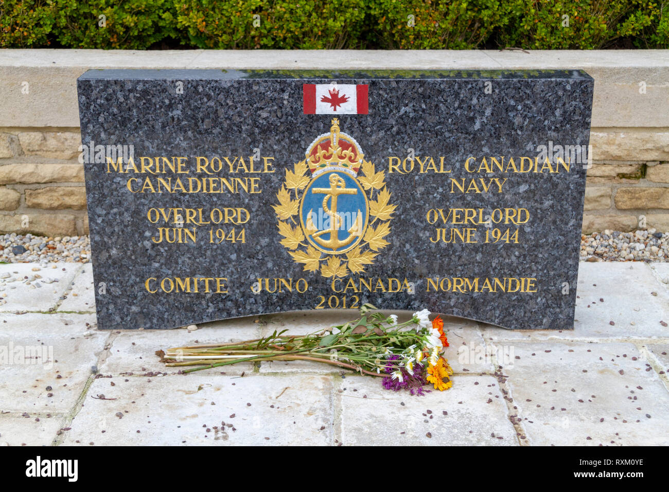 Memorial marker in the Beny-Sur-Mer Canadian Commonwealth Cemetery, near Courseulles-sur-Mer, Normandy, France. Stock Photo