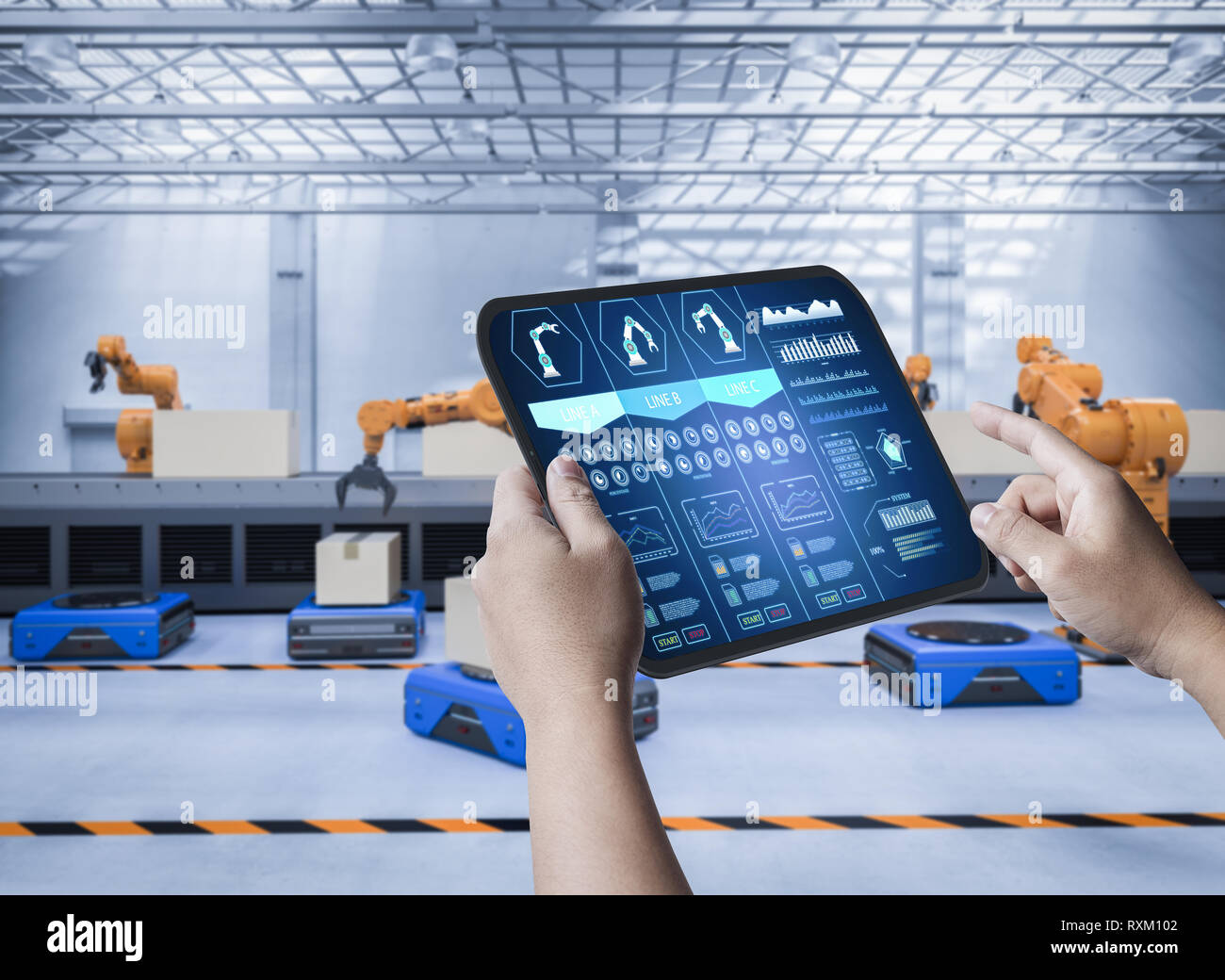Technician control with human hand hold 3d rendering digital tablet ...