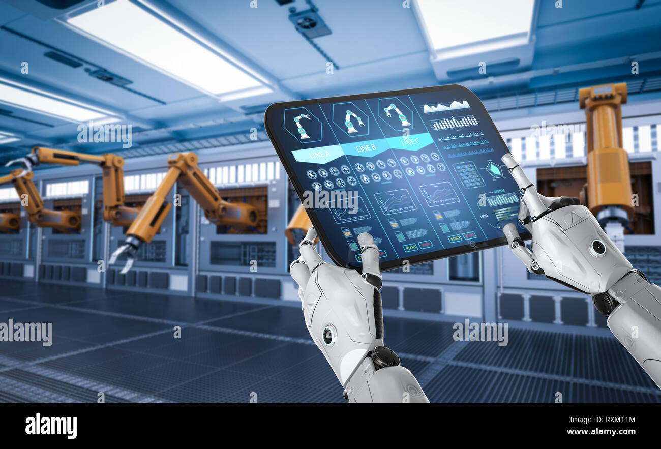 Automation factory concept with 3d rendering cyborg in factory Stock ...