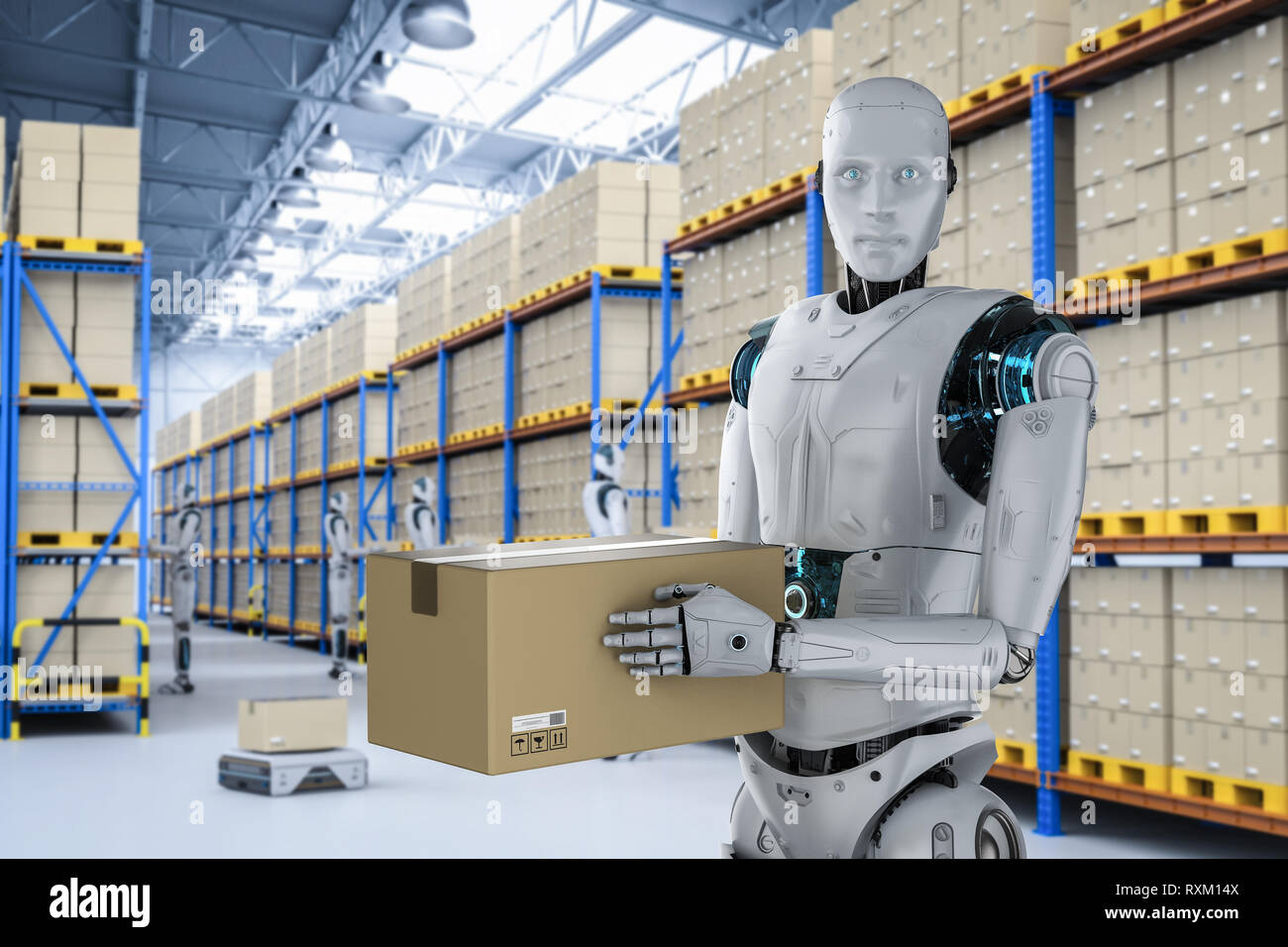 Automation warehouse concept with 3d rendering cyborg work in warehouse ...