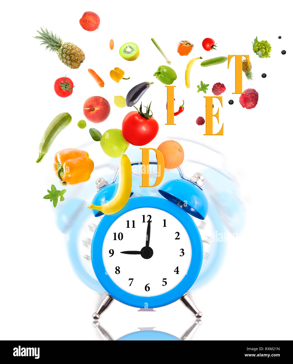 Diet concept with clock ringing, fruits and vegetables Stock Photo Alamy