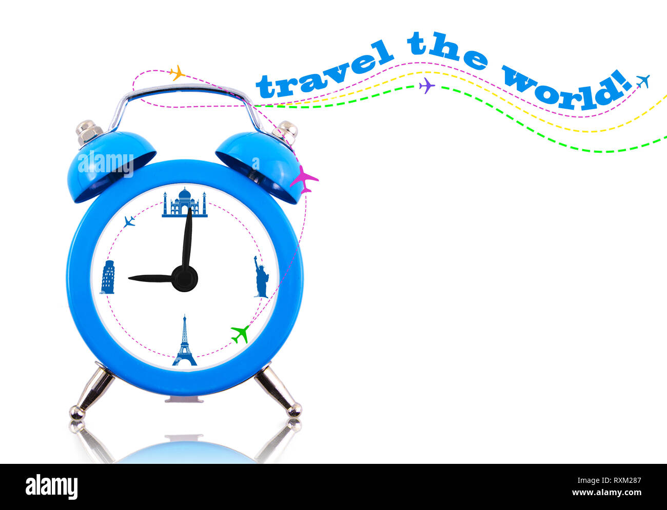 Travel the world! Clock with landmarks on dial isolated Stock Photo Alamy