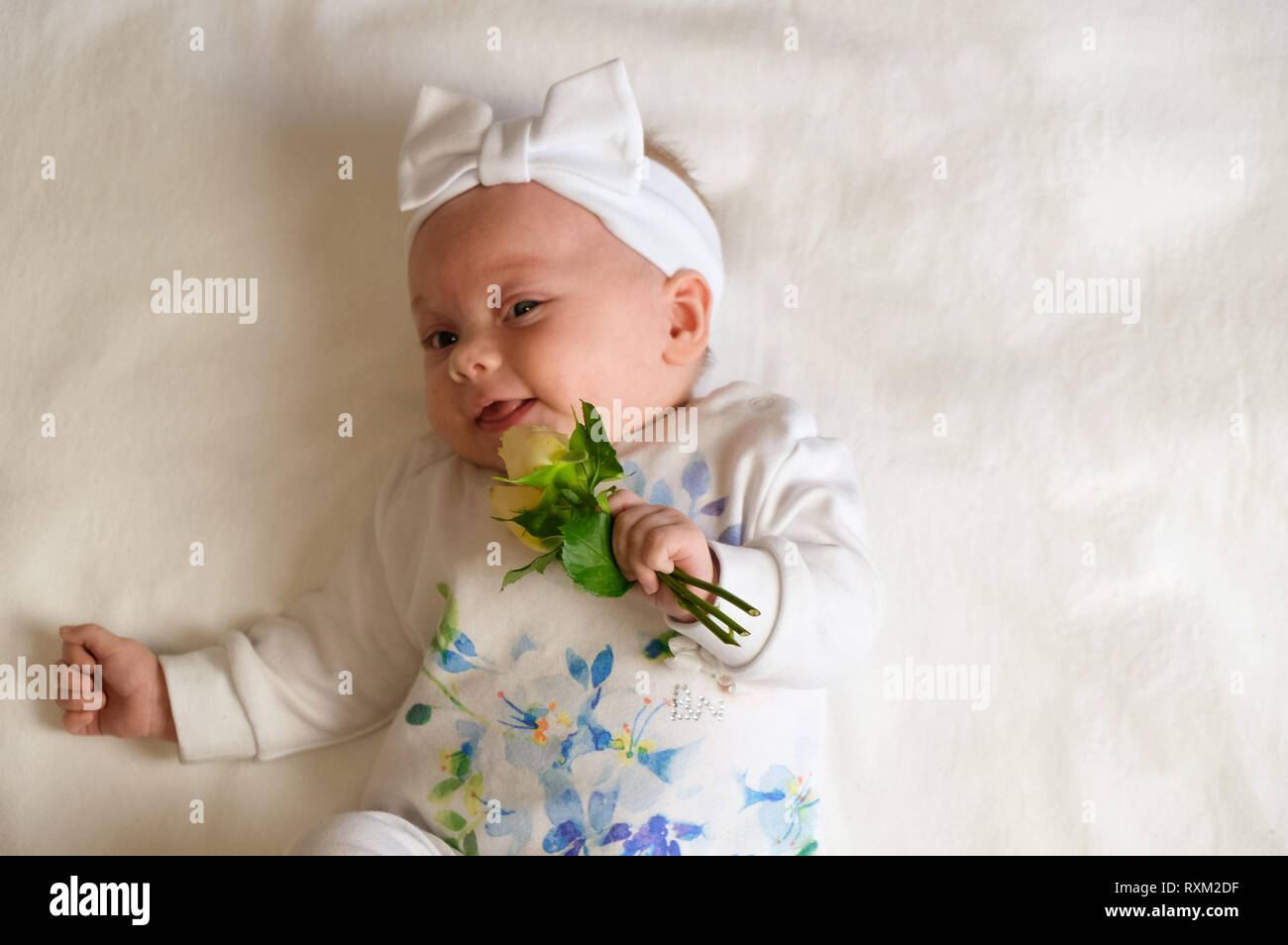 Beautiful baby girl holding a flower on white blanket Stock Photo