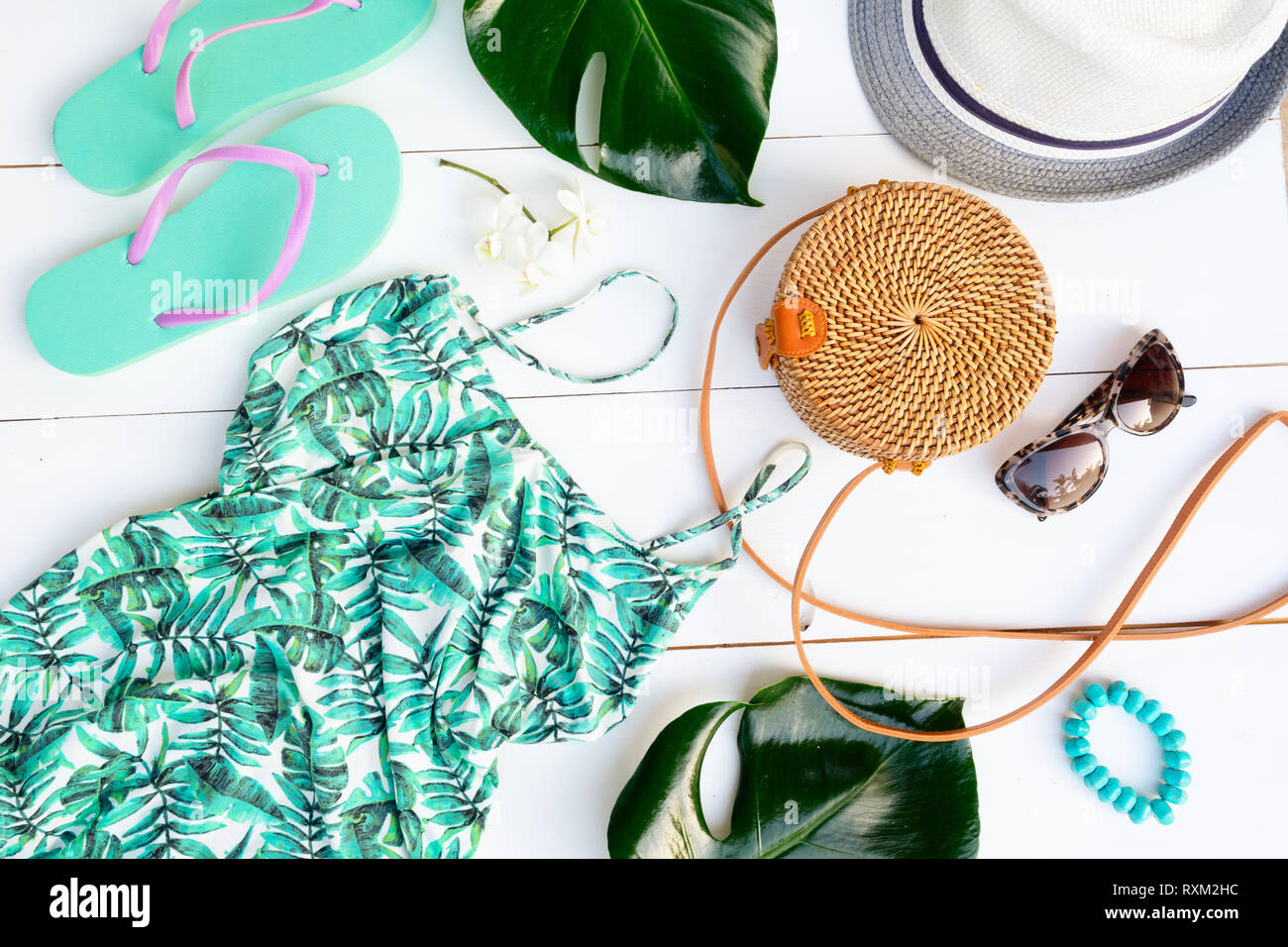 Summer flat lay scenery with swimsuit Stock Photo Alamy