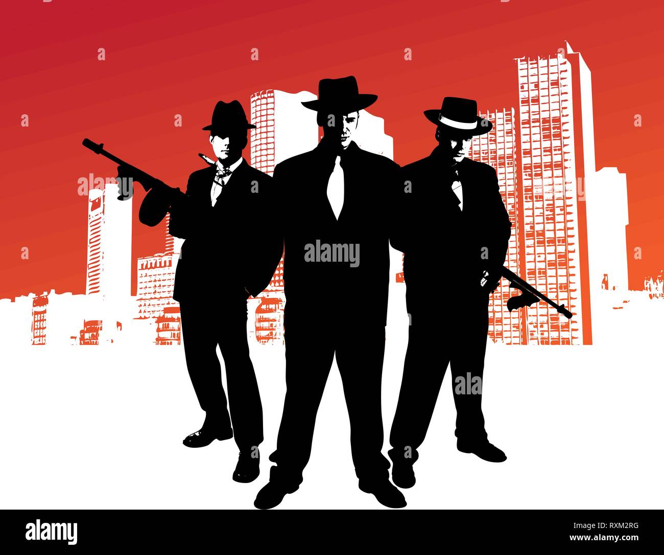 Mafia boss with machine gun stands in front of skyline of a city with design elements in the background Stock Vector