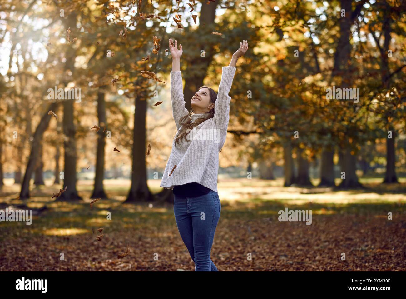 Joyful attractive young woman throwing autumn leaves into the air above her head with a happy smile outdoors in a park with colorful fall foliage on t Stock Photo