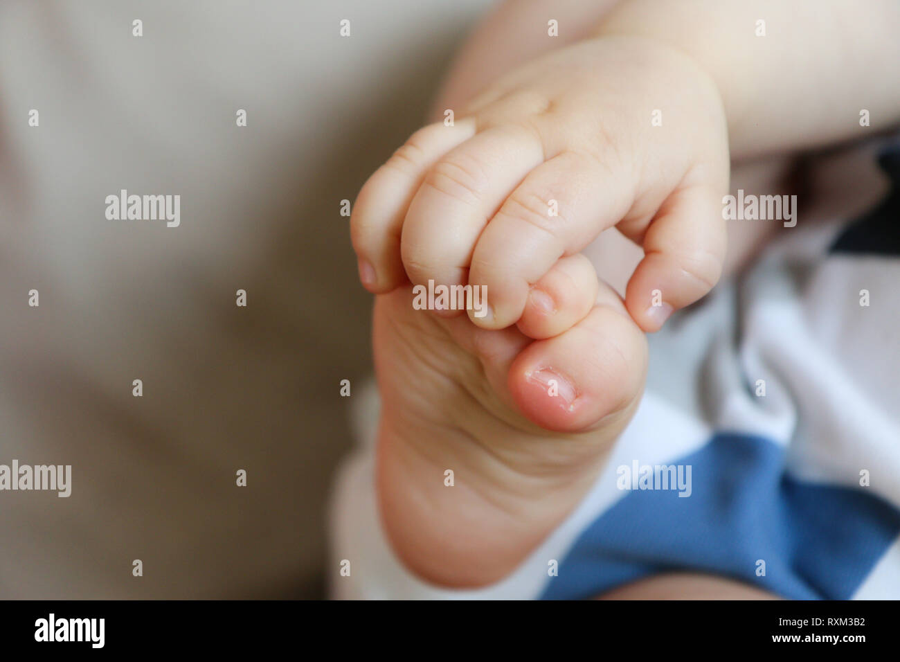 A detail picture of child´s hands and feet. The child is holding its feet and exploring its body and training its skills. Stock Photo