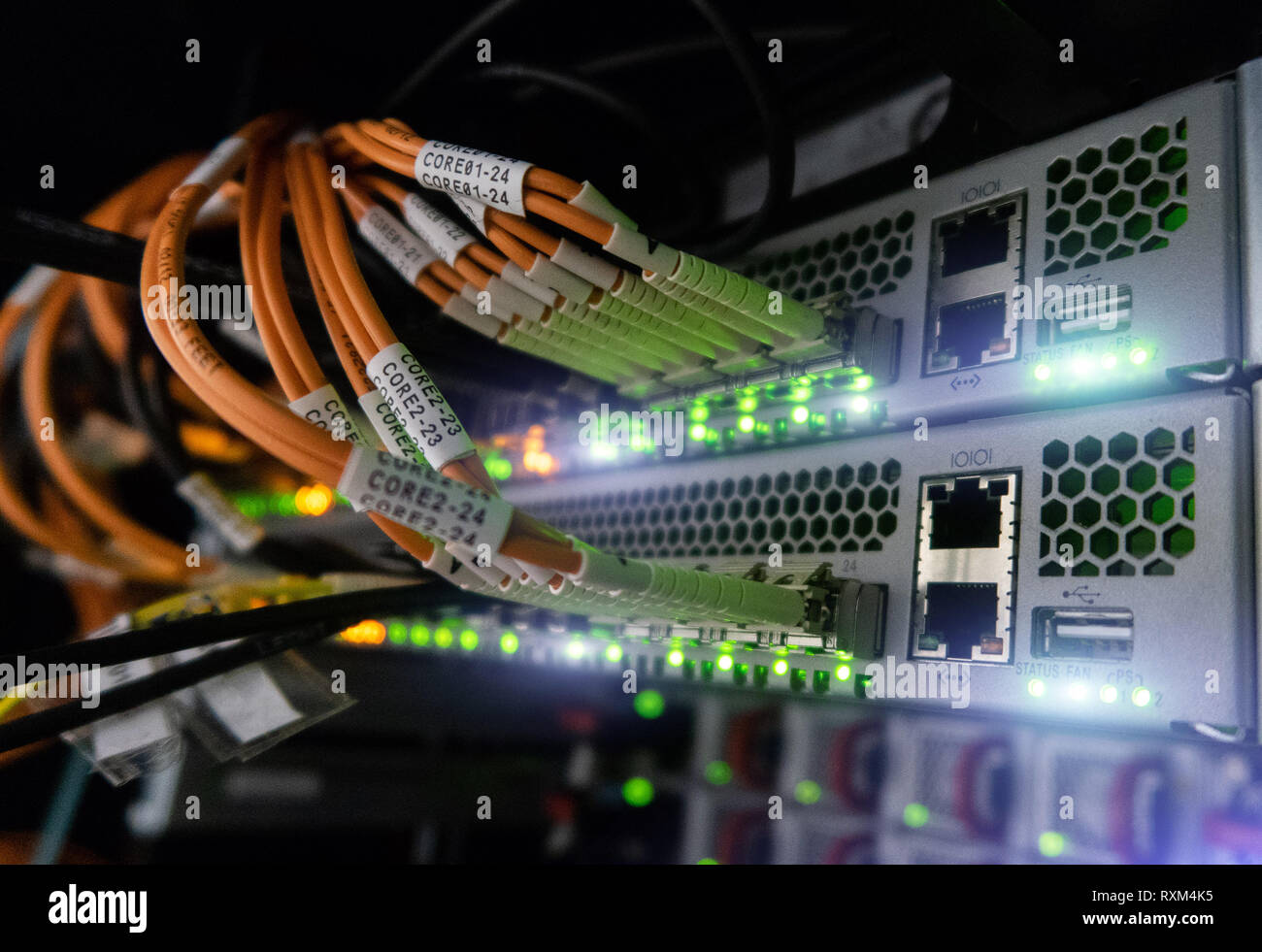 Optical cable closeup. Network devices technology, optical fiber cable