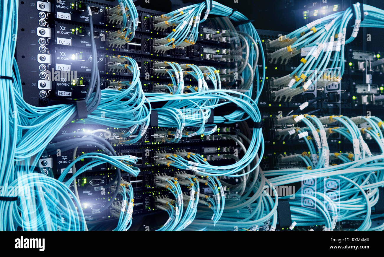 Optical cable closeup. Network devices technology, optical fiber cable