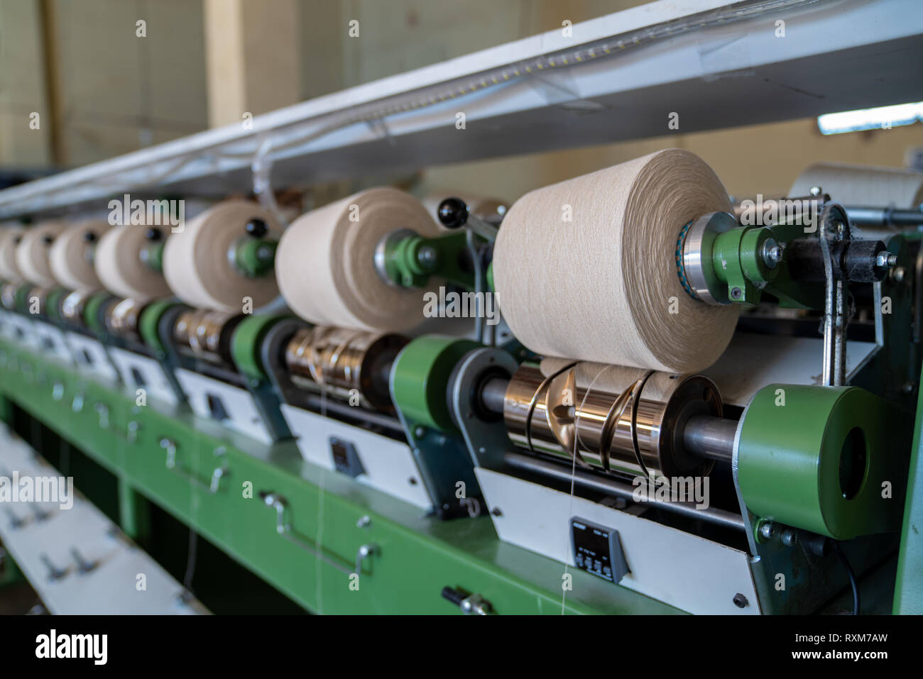 interior of textile factory. Yarn manufacturing.Industrial concept.   Stock Photo