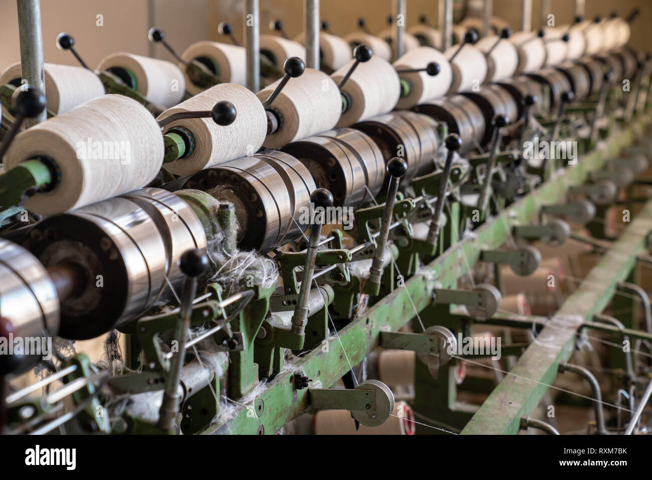 interior of textile factory. Yarn manufacturing.Industrial concept.   Stock Photo