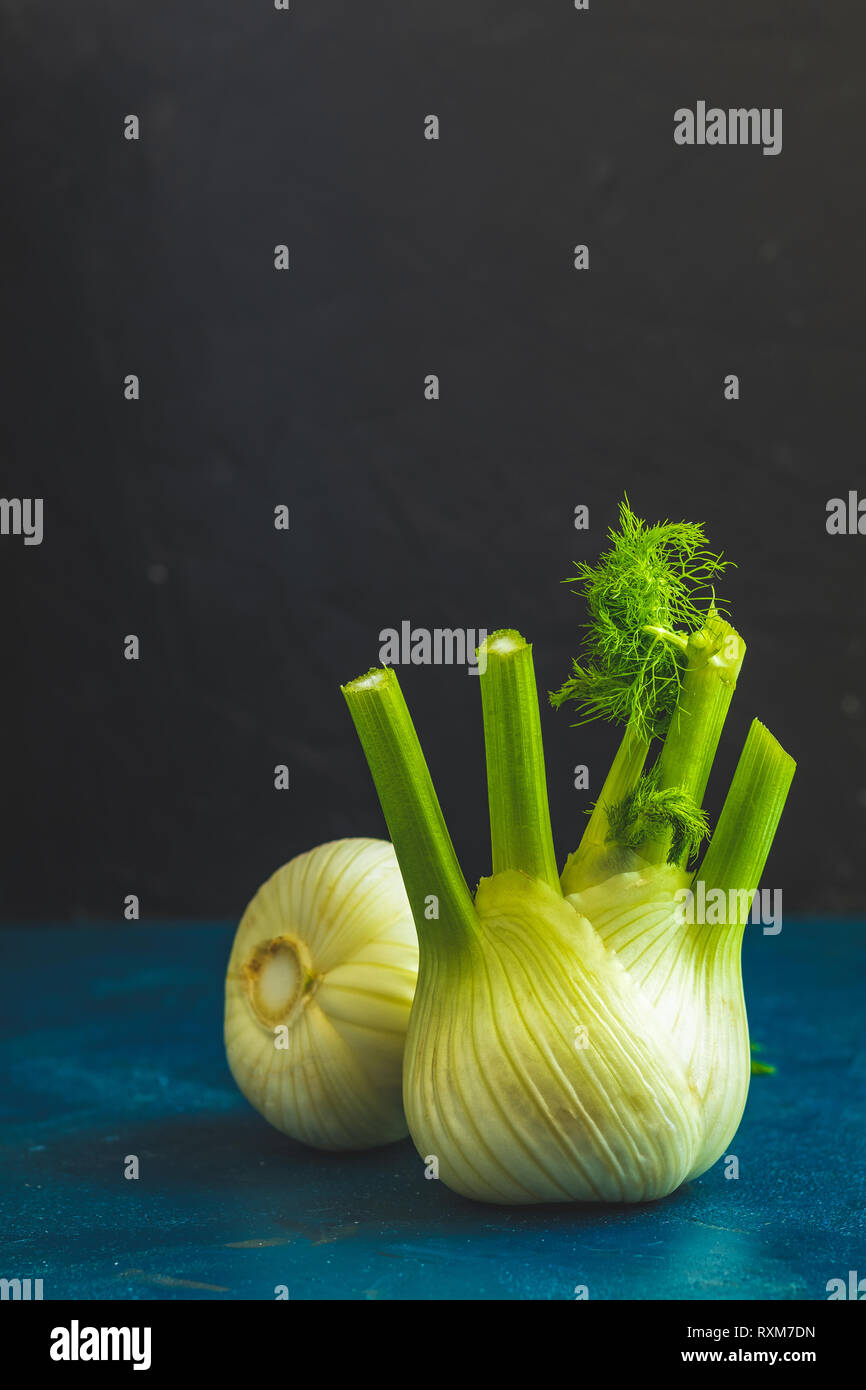 Fresh Florence fennel bulbs or Fennel bulb on dark blue concrete