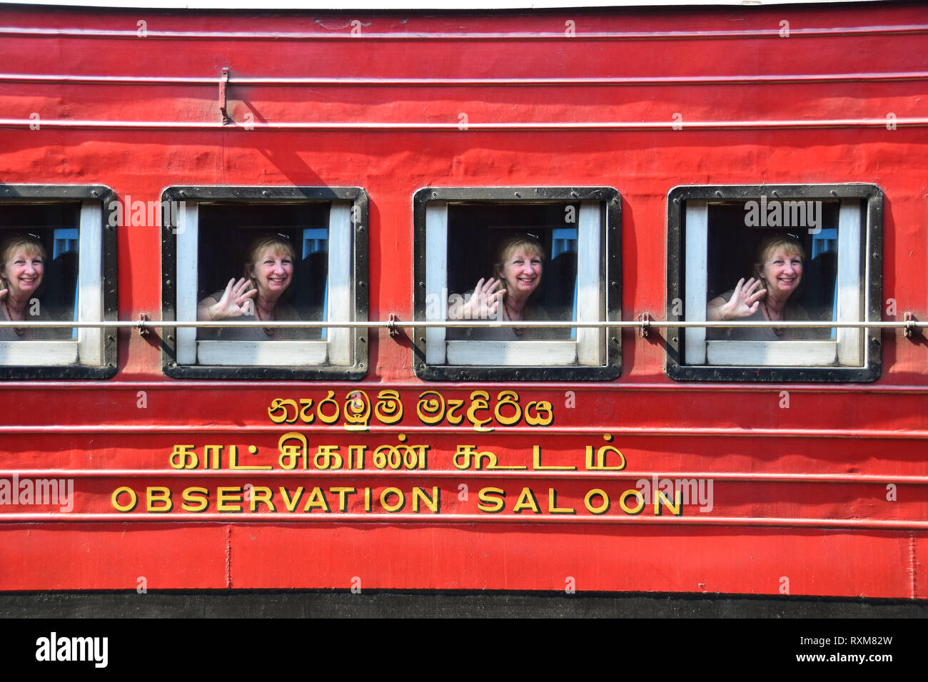 Waving Goodbye, Observation Saloon, Sri Lankan Train, Sri Lanka Stock Photo