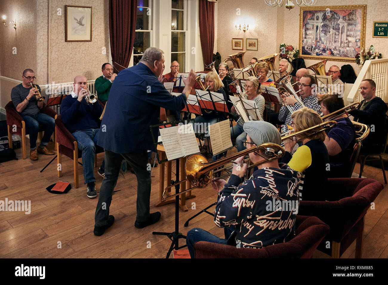 Gosport Solent Brass. Win the 3rd Section South West Region Brass Band Championship 2019. Final rehearsal Stock Photo
