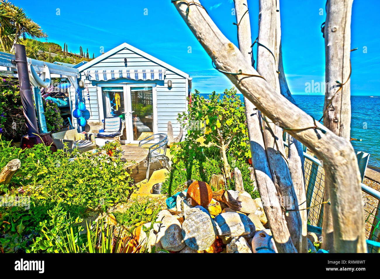 beach,hut,seaside,posterised,posterize,Bembridge,Isle of Wight, England, UK, Stock Photo