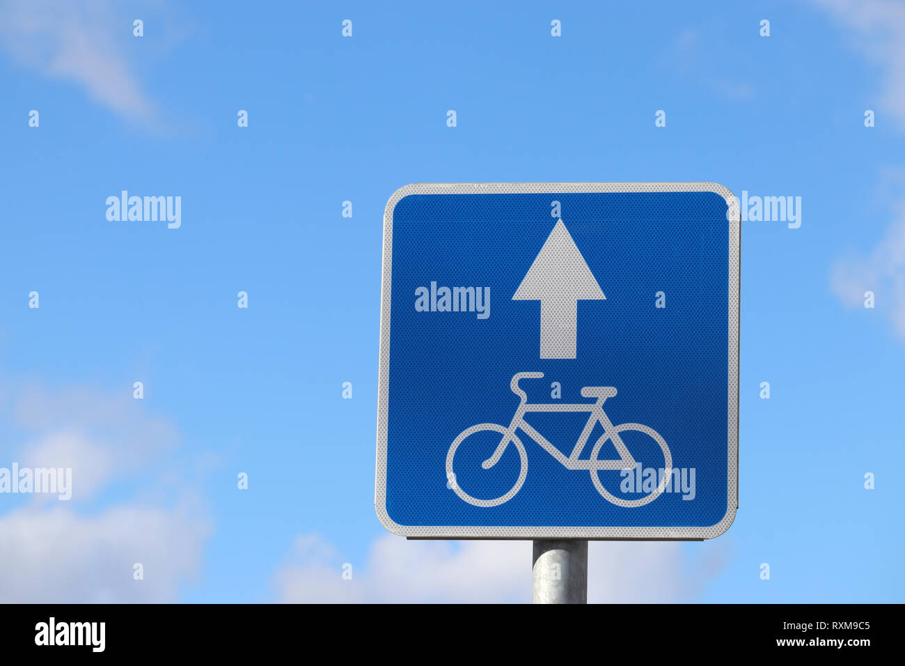 Bicycle road sign isolated on blue sky. White bicycle symbol on the blue  square with arrow, the bike lane Stock Photo - Alamy