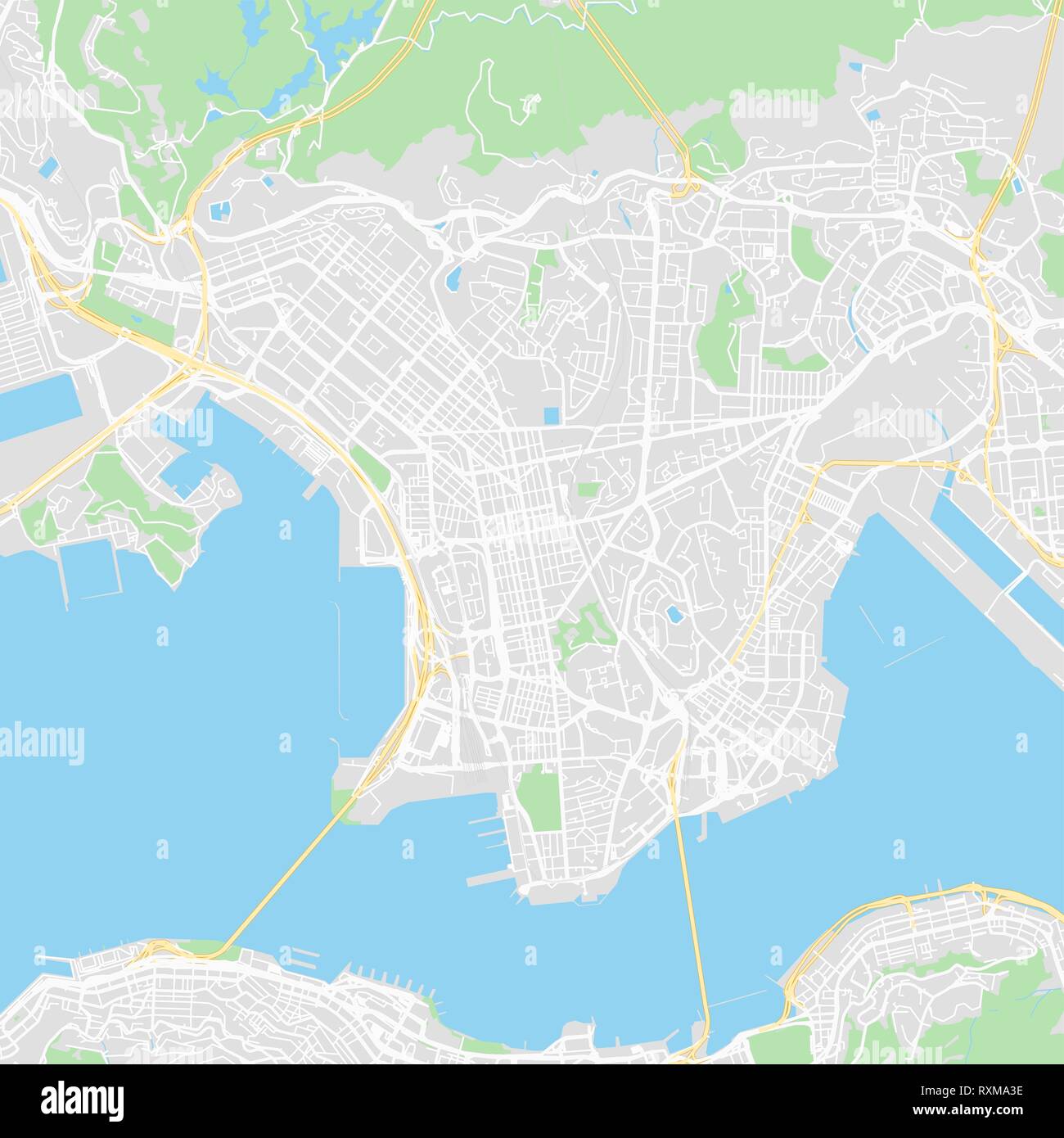 Downtown vector map of Hong Kong, China. This printable map of Hong Kong contains lines and classic colored shapes for land mass, parks, water, major  Stock Vector