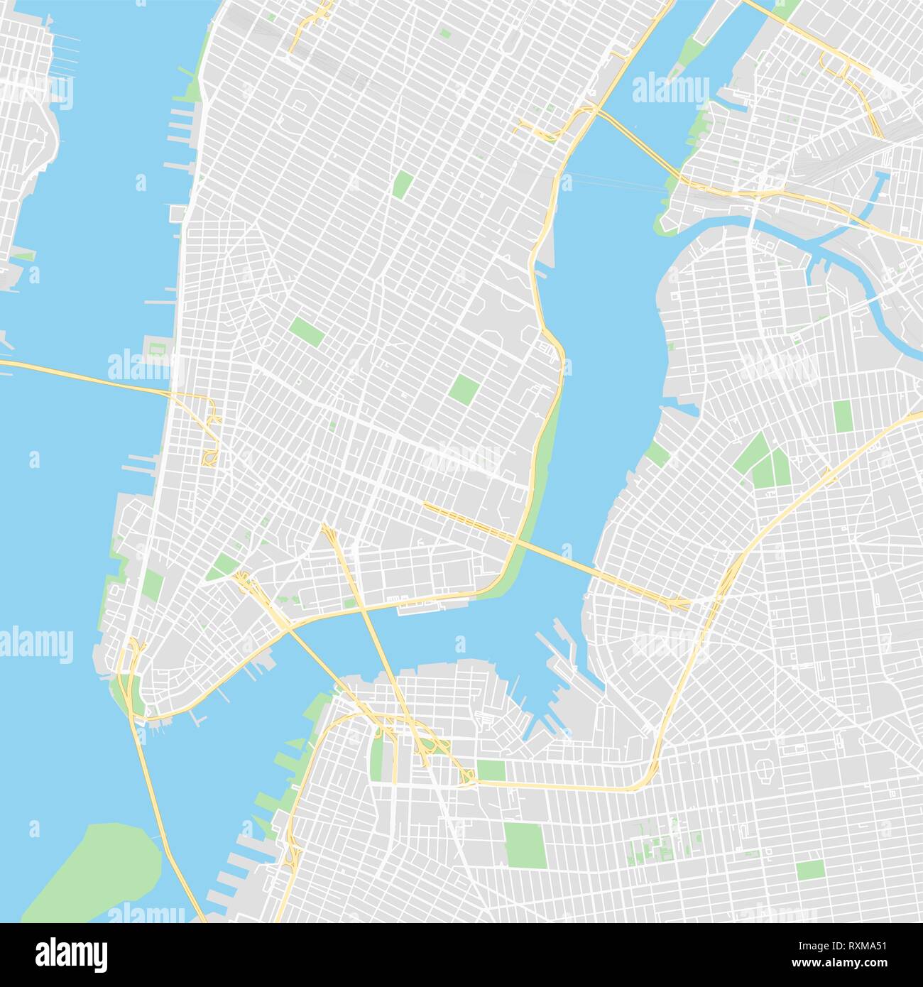 Downtown vector map of New York City, United States. This printable map of New York City contains lines and classic colored shapes for land mass, park Stock Vector