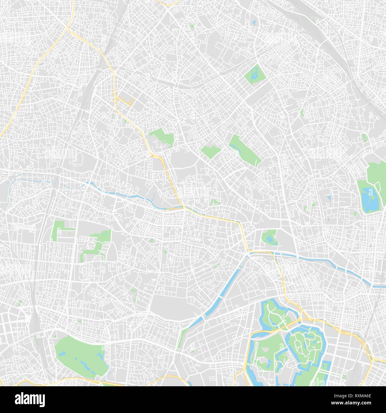 Downtown vector map of Tokyo, Japan. This printable map of Tokyo contains lines and classic colored shapes for land mass, parks, water, major and mino Stock Vector