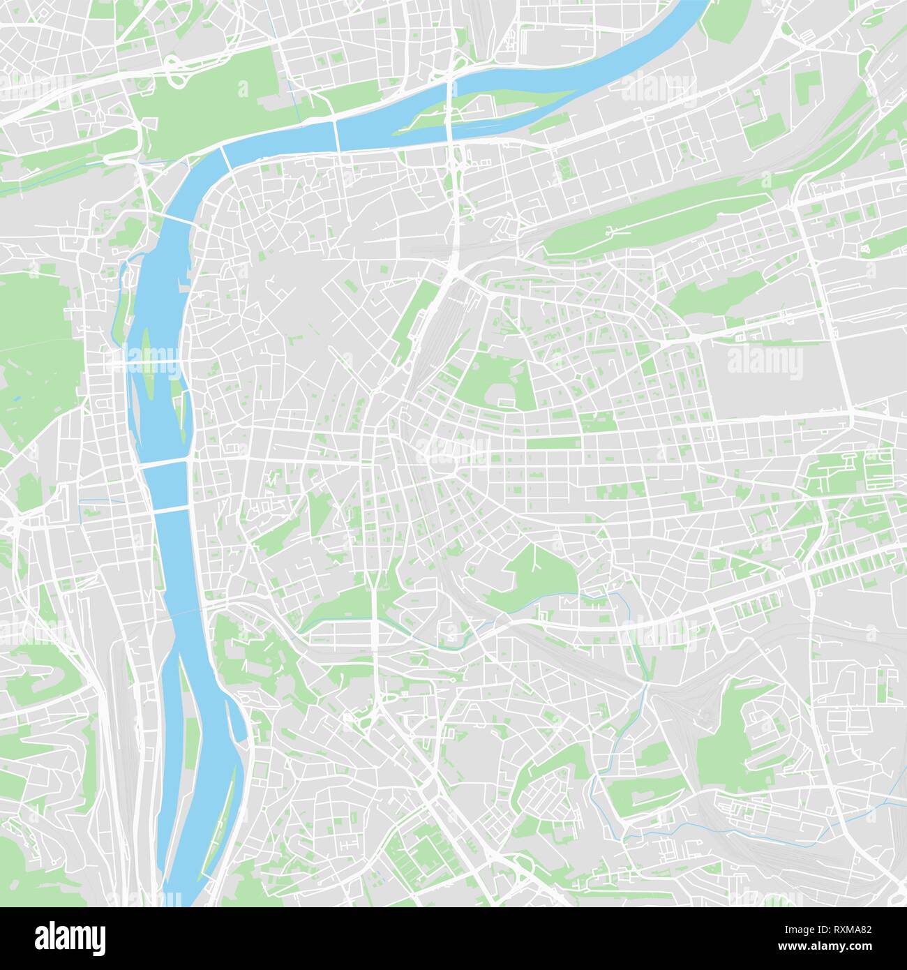 Downtown vector map of Prague, Czech Republic. This printable map of Prague contains lines and classic colored shapes for land mass, parks, water, maj Stock Vector
