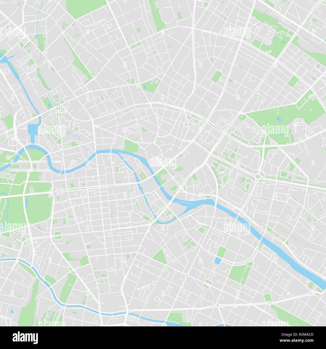Downtown vector map of Berlin, Germany. This printable map of Berlin contains lines and classic colored shapes for land mass, parks, water, major and  Stock Vector