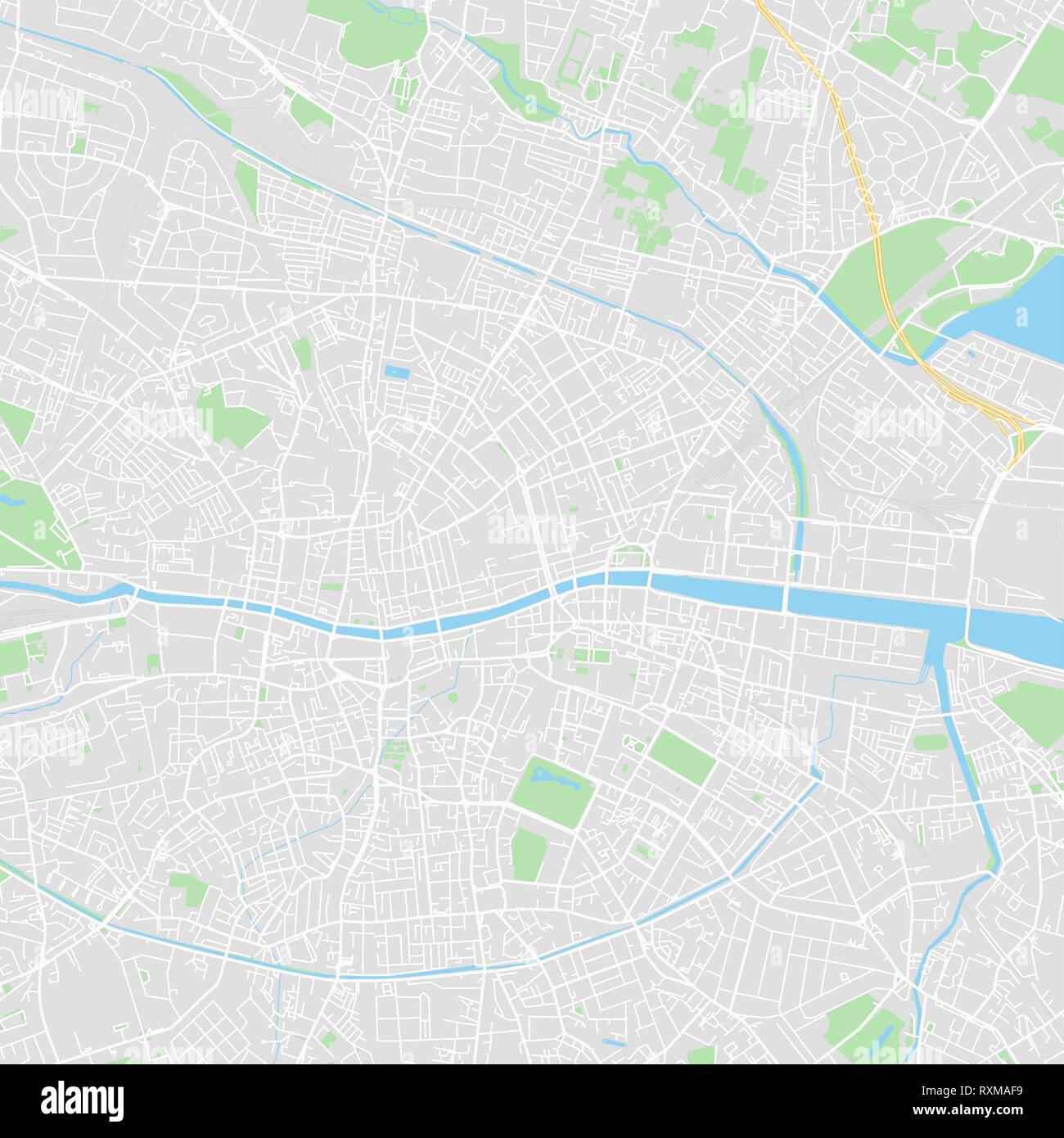 Downtown vector map of Dublin, Ireland. This printable map of Dublin contains lines and classic colored shapes for land mass, parks, water, major and  Stock Vector