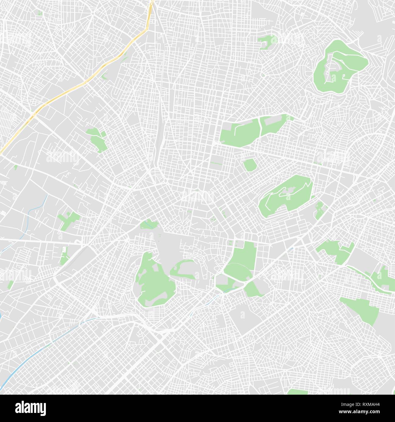 Downtown vector map of Athens, Greece. This printable map of Athens contains lines and classic colored shapes for land mass, parks, water, major and m Stock Vector