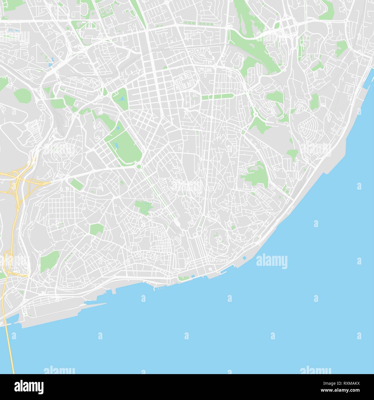 Downtown vector map of Lisbon, Portugal. This printable map of Lisbon contains lines and classic colored shapes for land mass, parks, water, major and Stock Vector