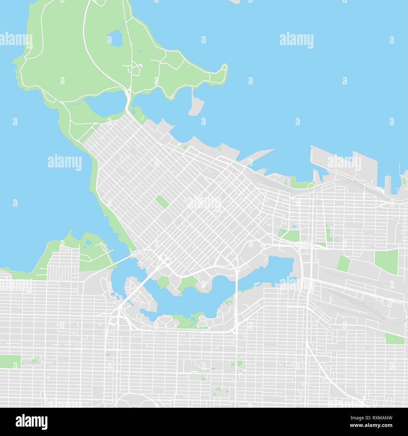 Downtown vector map of Vancouver, Canada. This printable map of Vancouver contains lines and classic colored shapes for land mass, parks, water, major Stock Vector