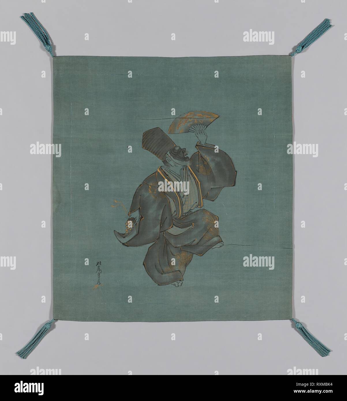 Fukusa (Gift Cover). Painted by Saeki Ganryô (Japanese, active c. 1901/25); Japan. Date: 1801-1825. Dimensions: 61 x 54.8 cm (24 x 21 5/8 in.). Patterned side: silk, warp-faced, weft-ribbed plain weave (shioze); painted with India ink (sumi) and gold paint; lining: silk, wrap-faced, weft-ribbed plain weave (shioze); sewn with front and lining matched in size (Tachikire awrase); silk, running 'controlling' stitches along all edges; corners: silk, knotted and re-piled fringe tassels. Origin: Japan. Museum: The Chicago Art Institute. Stock Photo
