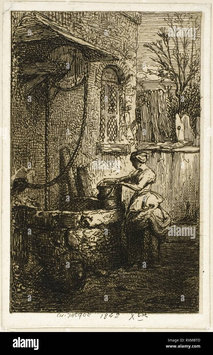Woman at a Well. Charles Émile Jacque; French, 1813-1894. Date: 1842. Dimensions: 81 × 51 mm (image/chine); 88 × 57 mm (sheet); 140 × 105 mm (tertiary support). Etching on ivory wove paper laid down on white wove paper, laid down on ivory wove card. Origin: France. Museum: The Chicago Art Institute. Stock Photo