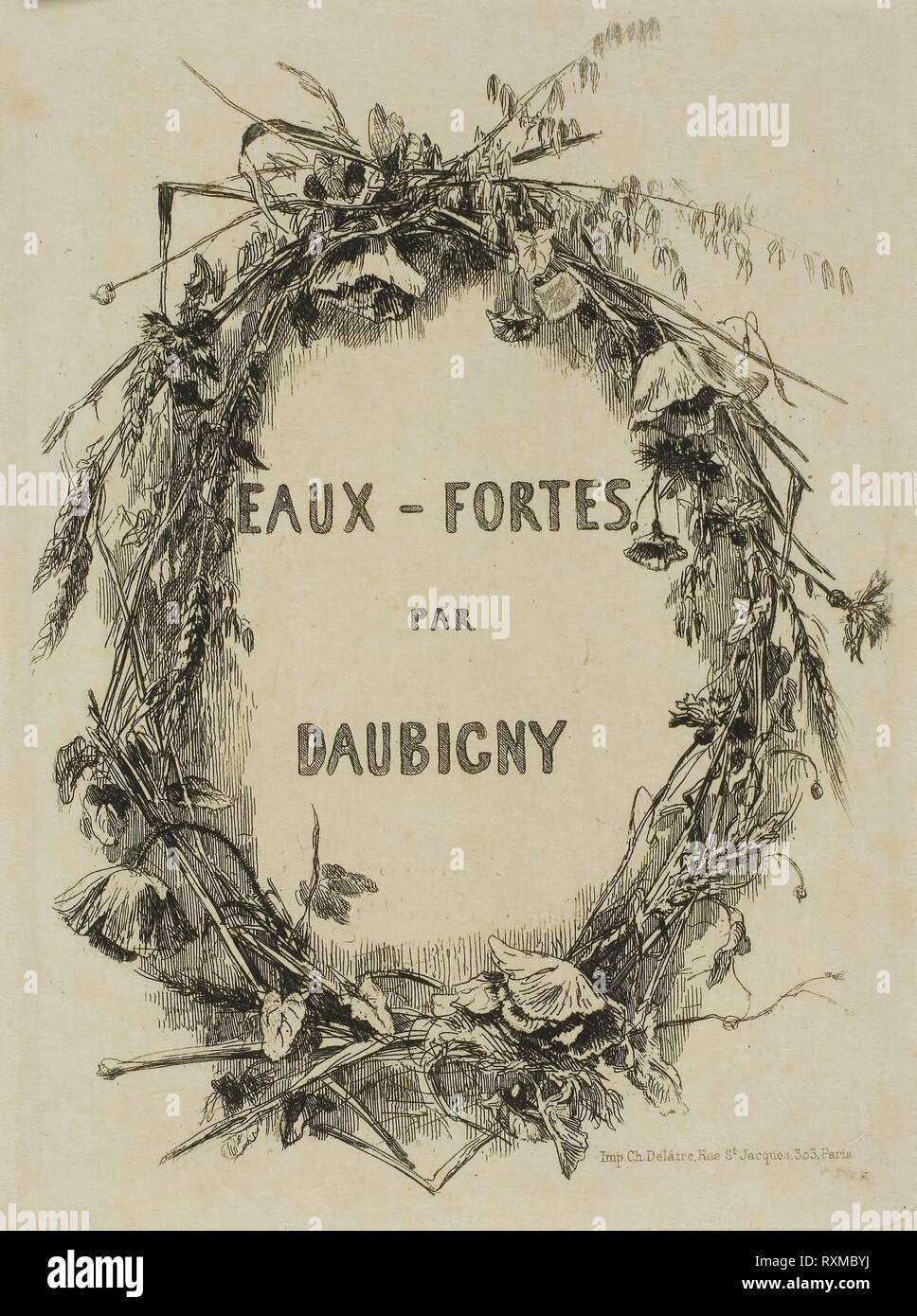 Wreath of Wildflowers, Frontispiece. Charles François Daubigny; French, 1817-1878. Date: 1850. Dimensions: 198 × 145 mm (plate); 393 × 262 mm (sheet). Etching on cream Japanese paper. Origin: France. Museum: The Chicago Art Institute. Author: Charles Francois Daubigny. Stock Photo
