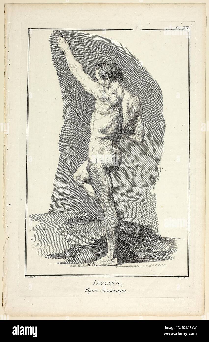 Design: Academic Figure, from Encyclopédie. Benoît-Louis Prévost (French, c. 1735-1809); after Charles-Nicholas Cochin, the younger (French, 1715-1790); published by André le Breton (French, 1708-1779), Michel-Antoine David (French, c. 1707-1769), Laurent Durand (French, 1712-1763), and Antoine-Claude Briasson (French, 1700-1775). Date: 1762-1777. Dimensions: 311 × 210 mm (image); 354 × 225 mm (plate); 400 × 260 mm (sheet). Etching, with engraving, on cream laid paper. Origin: France. Museum: The Chicago Art Institute. Stock Photo