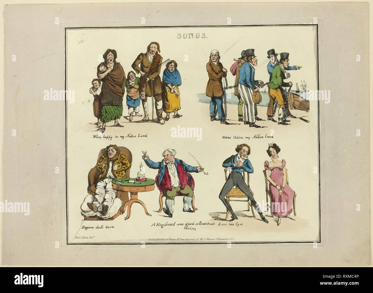 Plate from Illustrations to Popular Songs. Henry Alken (English, 1785-1851); published by Thomas McLean (English, active 1790-1860). Date: 1822. Dimensions: 200 × 237 mm (image); 212 × 245 mm (plate); 245 × 343 mm (sheet). Soft ground etching with hand-coloring and aquatint on paper. Origin: England. Museum: The Chicago Art Institute. Stock Photo