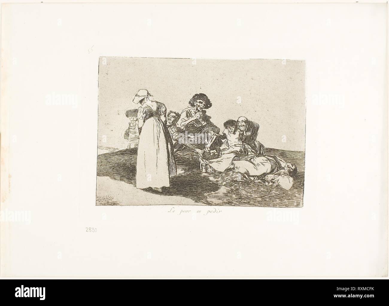 The Worst is to Beg, plate 55 from The Disasters of War. Francisco José de Goya y Lucientes; Spanish, 1746-1828. Date: 1812-1815. Dimensions: 130 x 181 mm (image); 155 x 205 mm (plate); 240 x 340 mm (sheet). Etching, lavis and burnishing on ivory wove paper with gilt edges. Origin: Spain. Museum: The Chicago Art Institute. Stock Photo
