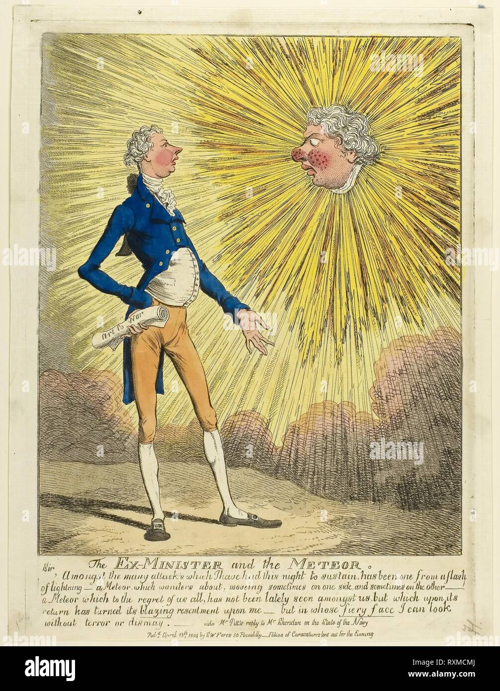 The Ex-Minister and the Meteor. Charles WIlliams (English, active 1797-1830); published by S. W. Fores (English, active 1785-1825). Date: 1804. Dimensions: 288 × 240 mm (image); 343 × 250 mm (plate); 353 × 267 mm (sheet). Hand-colored etching on ivory laid paper. Origin: England. Museum: The Chicago Art Institute. Stock Photo