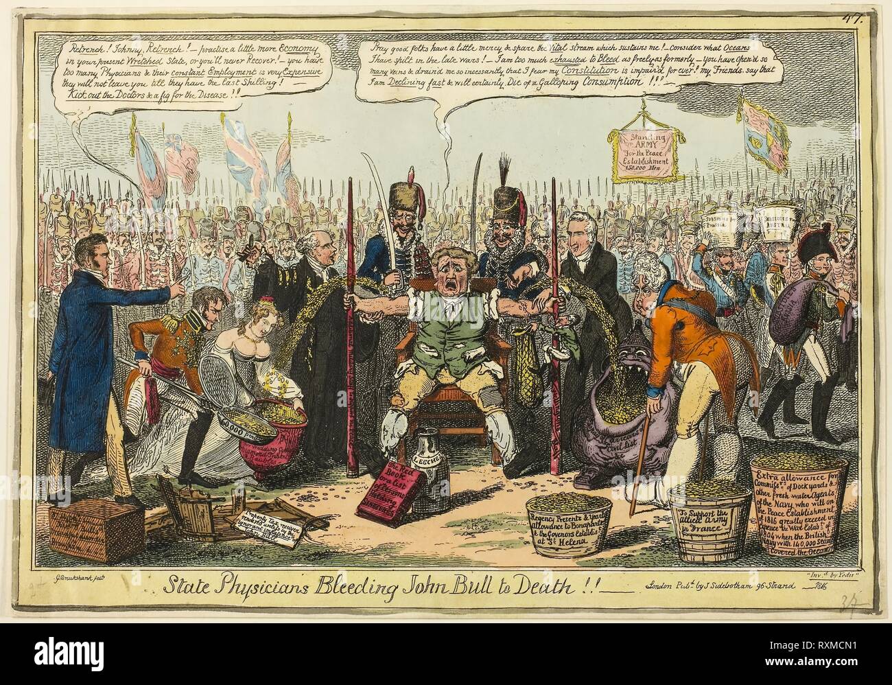 State Physicians Bleeding John Bull to Death!!. George Cruikshank (English, 1792-1878); published by J. Sidebotham (English, active 1802-1820). Date: 1816. Dimensions: 257 × 370 mm (image); 262 × 375 mm (plate); 268 × 380 mm (sheet). Hand-colored etching on paper. Origin: England. Museum: The Chicago Art Institute. Stock Photo